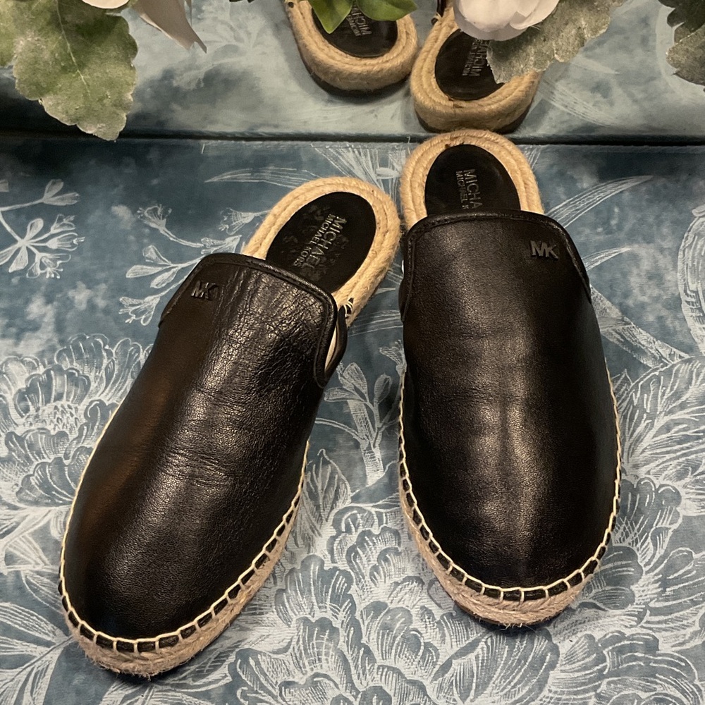 Michael Kors Black Leather Espadrille Slide Mules